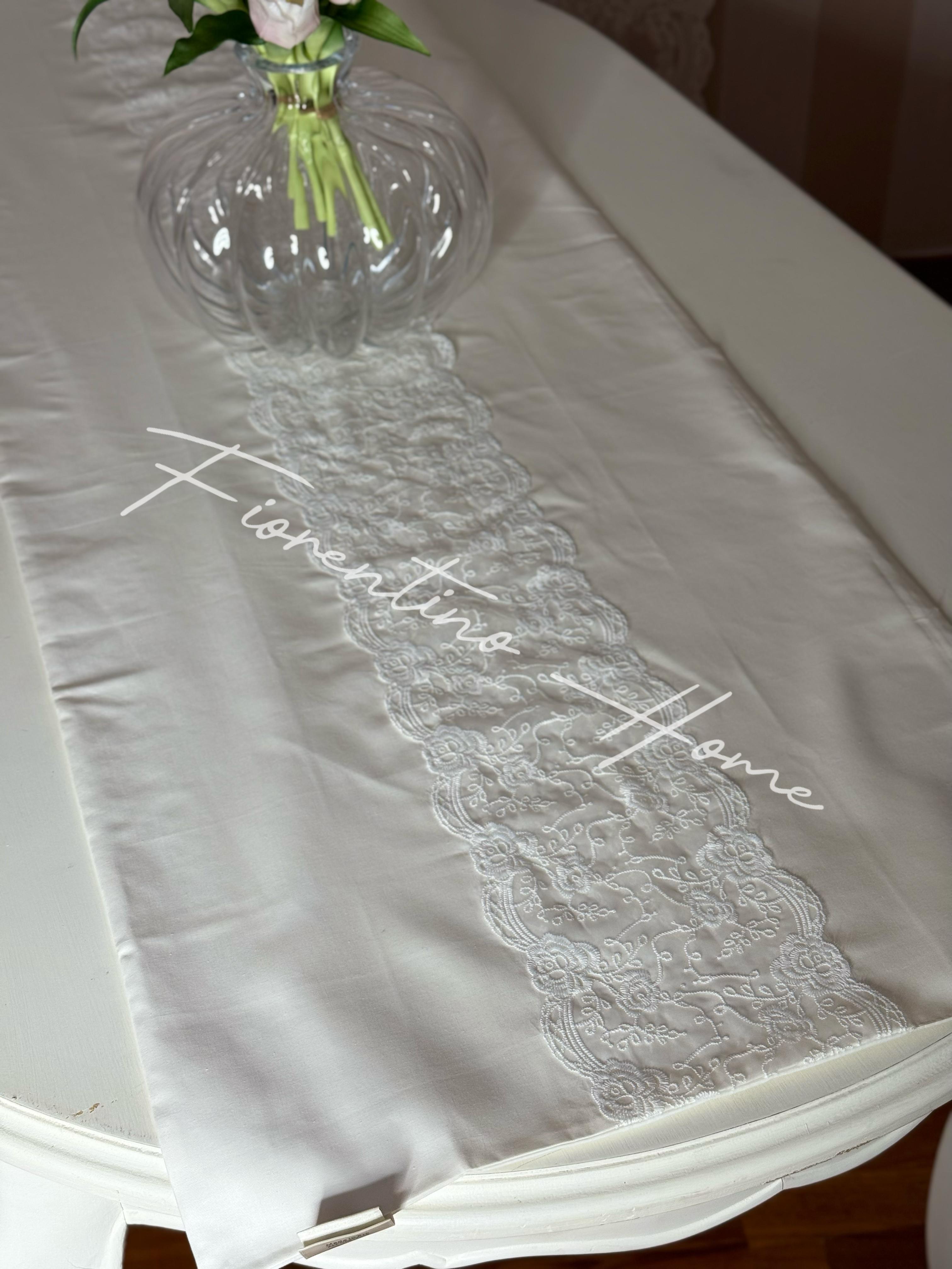 Runner in cotone e poliestere bianco con pizzo